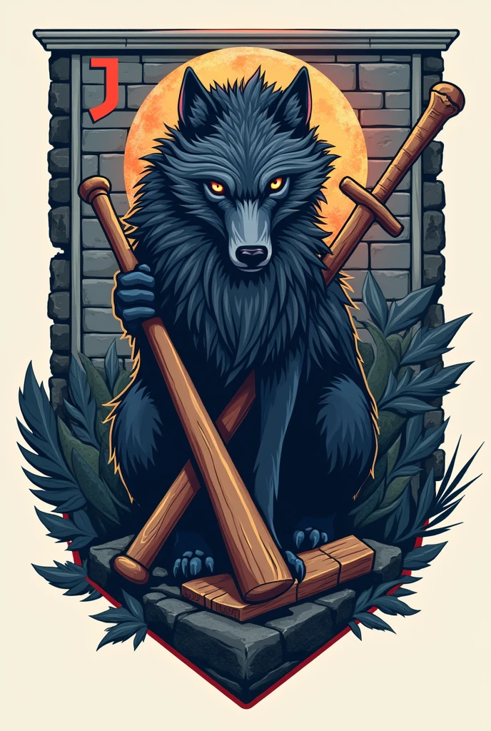 I want to create a logo , of the wolf of the house Stark with a wooden baseball bat broken into two pieces on the ground , in the back the path of swords , and behind a stone wall with the J of the Juventus football team
