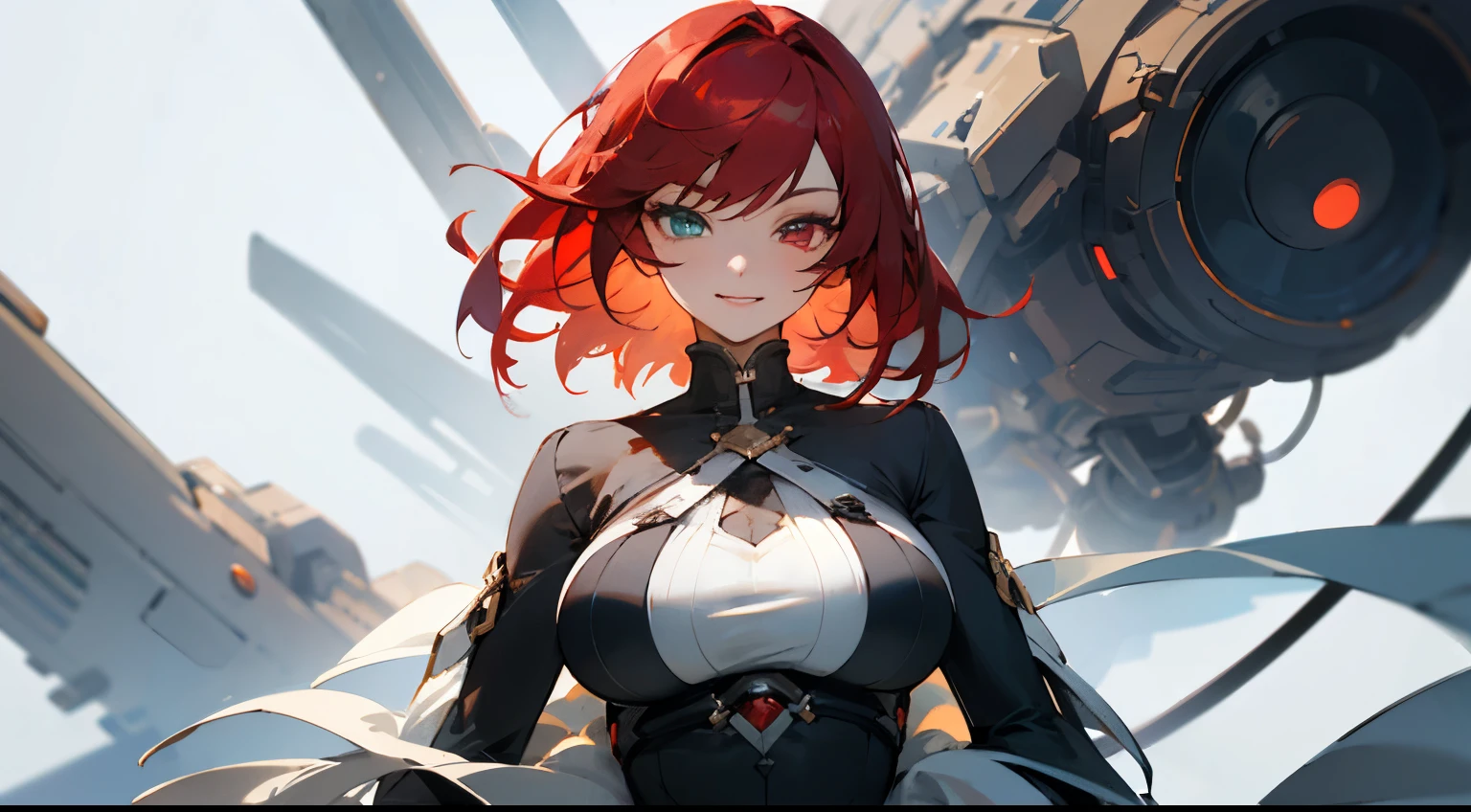 masterpiece, Best Quality, Best Quality, masterpiece, High resolution, focus, futuristic style, Whole body, big breasts, animated image, by the wide, Red hair, heterochromia eyes, hair covering the ears, Polished and powerful appearance, exotic, high, happy, luxury clothing, showy, only black and white