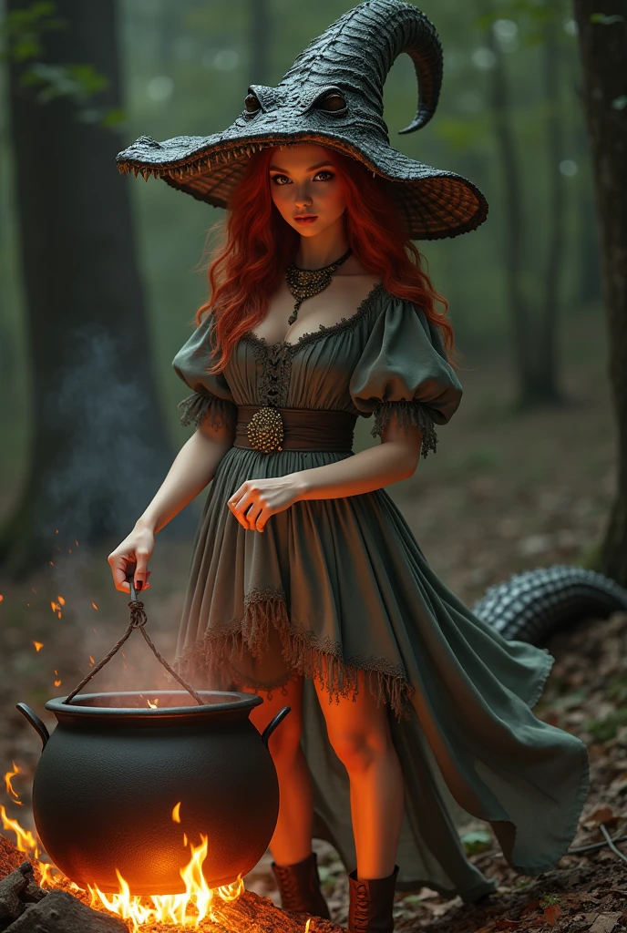 8k, fancy, pretty girl with frizzy hair, alligator skull used as a hat, old dress, Red hair, alligator jaw necklace around the neck, fully body, high heel leather shoe, grey dress, stirring a cauldron over a wood fire, decote no peito