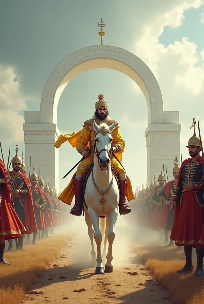 18th century Tipu Sultan in his white horse surrounded by Mysorian soldiers emerging from a low arched white wall in UHD landscape photorealistic image