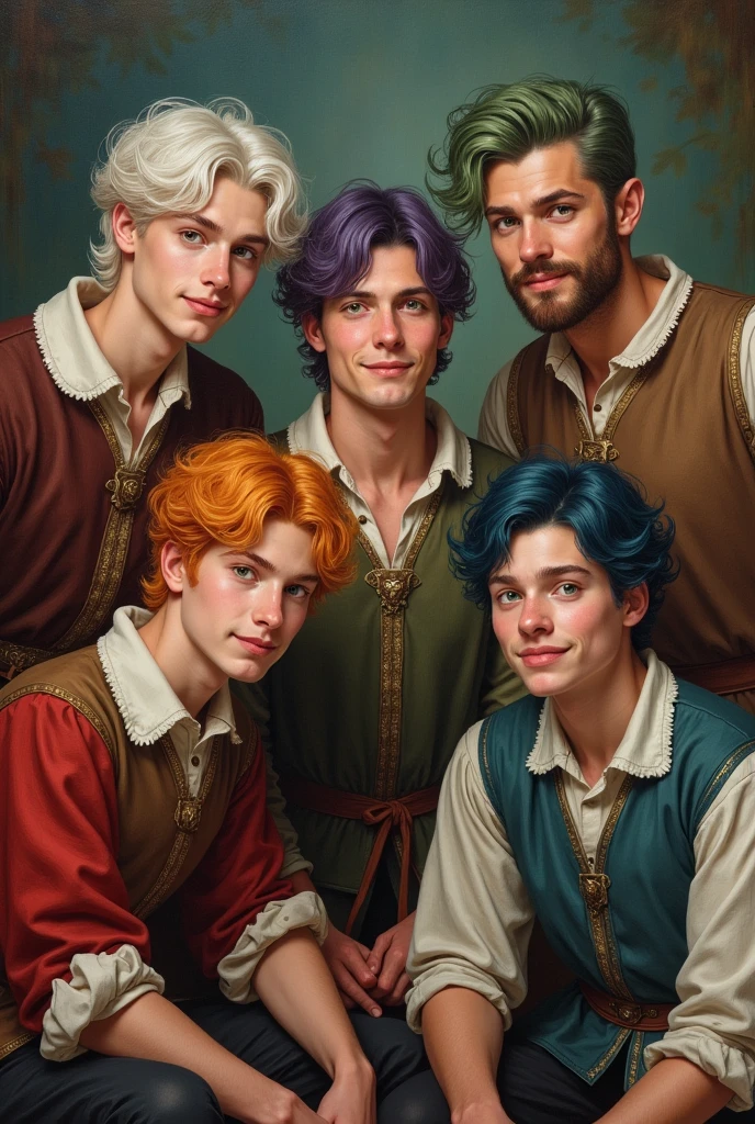 Create a painting of five 27-year-old men with medieval appearance and clothing who are posing playfully from the front. The first one has platinum hair, light grey eyes and pale skin. The second one has dark purple hair, emerald green eyes and pale cinnamon skin. The third one has bright orange hair, amber or golden eyes and warm skin. The fourth has pale mint green hair , Dark grey eyes and pale pale skin. Finally the fifth has dark blue hair, Light blue eyes and fresh skin.
