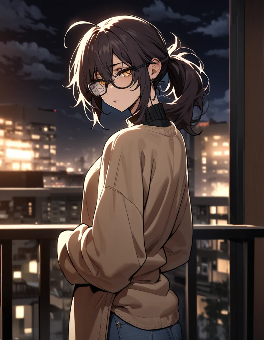 mature, golden eyes, looking at viewer, female, apartment background, messy hair, dark shoulder-length hair, ponytail, parted lips, hair between eyes, ahoge, emotionless, tired eyes, standing, from behind, jeans, black turtleneck shirt, medical eye patch, comfy clothes, glasses, night, cloudy