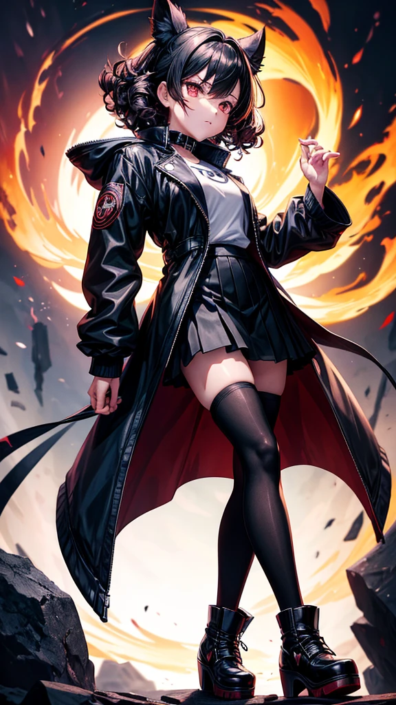 An anime girl who has fire in front of her face that forms a silhouette of the front of a skull, that he wears a black jacket, short black skirt, over the knee socks, High platform boots and dark accessories, guates rokeros, that has curly hair y pose provocativa sexy.