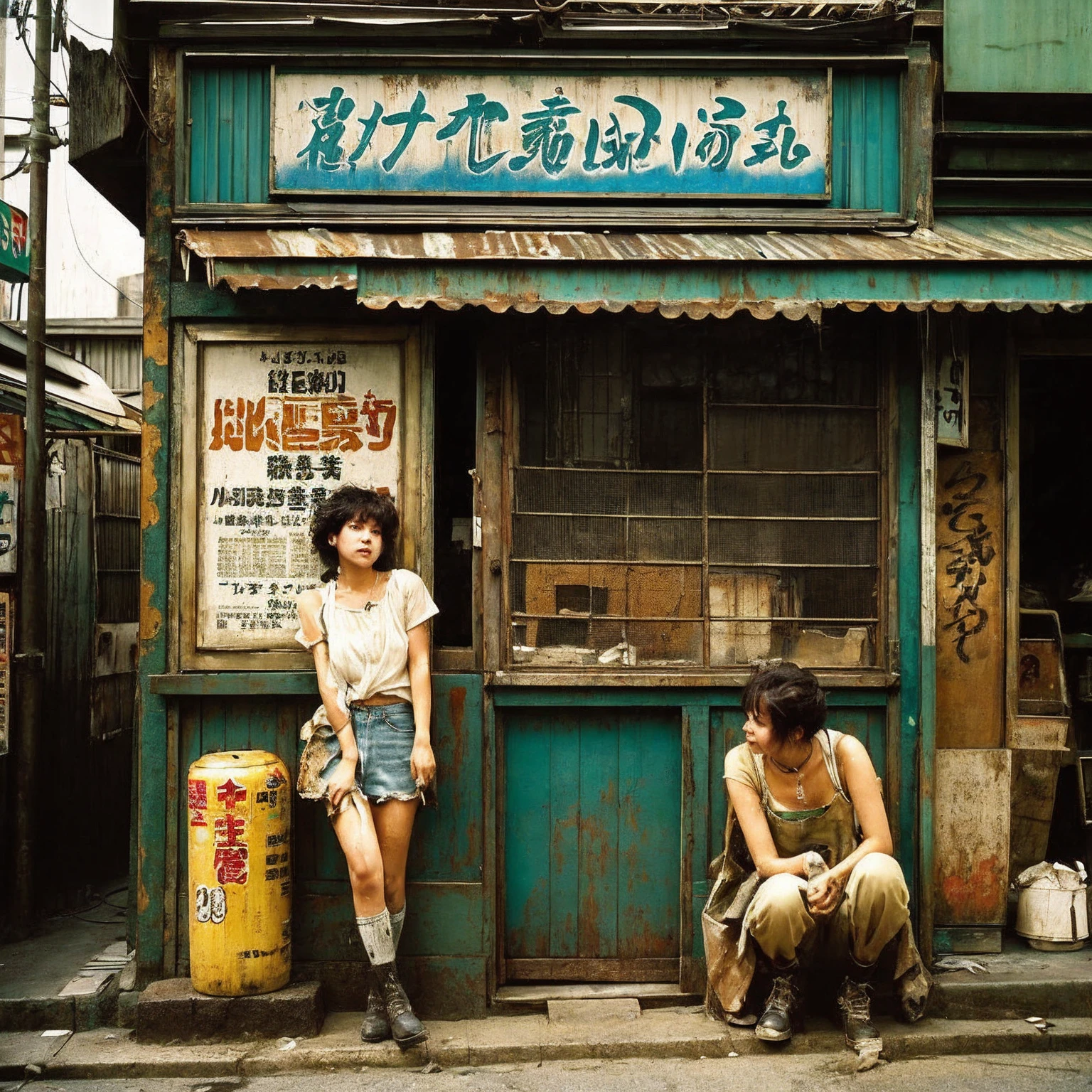 ((masterpiece、Highest quality))、Poor conditions、Japan 1980s、 Dirty Standing Tavern、Old and dirty store, Unsanitary and dirty downtown Tokyo, Japan Streets, Cute girl working at the store、Poor workers、Rusted corrugated iron, Unhygienic restaurant
