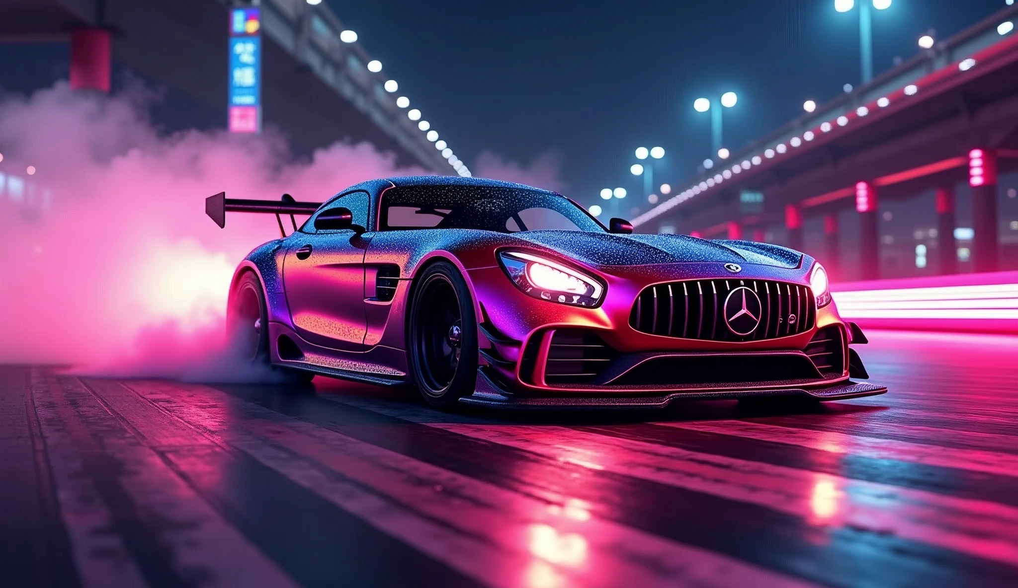 (masterpiece), best quality, ultra-detailed, 8K), race car, street racing-inspired,Drifting inspired, LED, ((Twin headlights)), (((Bright neon color racing stripes))), (Black racing wheels), Wheel spin showing motion, Show car in motion, Burnout, wide body kit, modified car, racing livery, masterpiece, best quality, realistic, ultra highres, (((depth of field))), (full dual colour neon lights:1.2), (hard dual color lighting:1.4), (detailed background), (masterpiece:1.2), (ultra detailed), (best quality), intricate, comprehensive cinematic, magical photography, (gradients), glossy, Night with galaxy sky, Fast action style, fire out of tail pipes, Sideways drifting in to a turn, Neon galaxy metalic paint with race stripes, GTR Nismo, NSX, Porsche, Lamborghini, Ferrari, Bugatti, Ariel Atom, BMW, Audi, Mazda, Toyota supra, Lamborghini Aventador, aesthetic,intricate, realistic,cinematic lighting, Neon Paint, streaks of fire,
