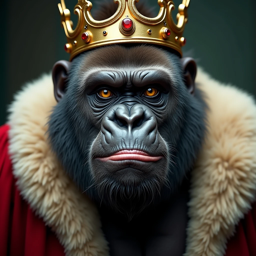 "A hyper-realistic close-up depiction of a gorilla's face in kingly attire, wearing a crown and a fur-lined royal robe, with a provocative, teasing expression. The gorilla's head is slightly tilted forward, its eyes focused in a challenging stare, and its mouth curled into a daring grin. The background is softly blurred, focusing on the gorilla's intense and superior expression."