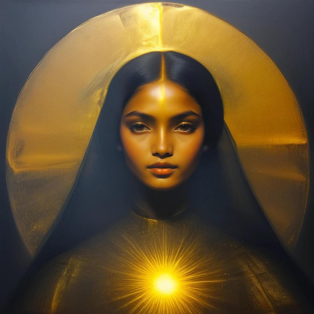 Portrait of a young black-haired woman, a golden aura, very similar to Venetian painting.
