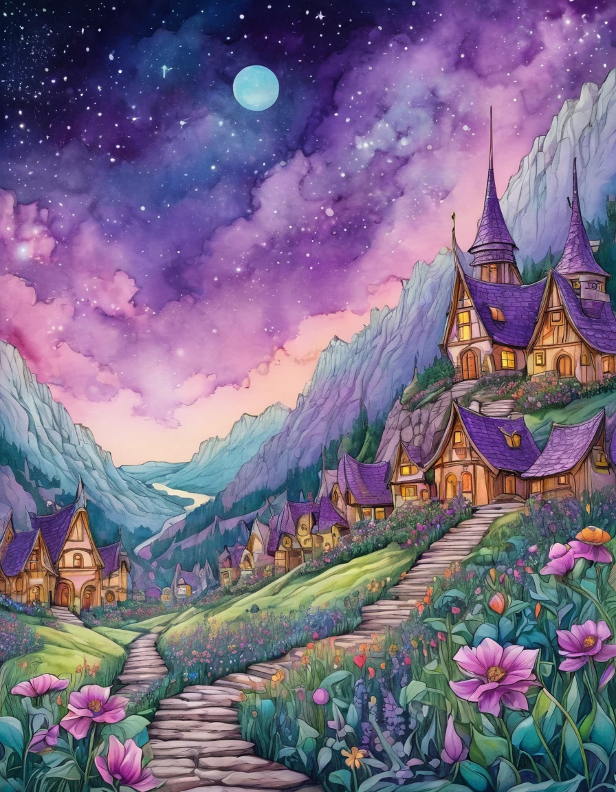 Watercolor Flowers , portraits, fantasy art, detailed features, vibrant colors, detailed features, long flowers, subtle magical lighting, three side view, 1 side potrait,2 side close, 3 side in the batlle, photo collage, soft purple, film grain, detailed pores and wrinkles on the skin film grain, detailed pores and wrinkles on the skin, detailed elf village in backfround, full of stars sky, zentangle