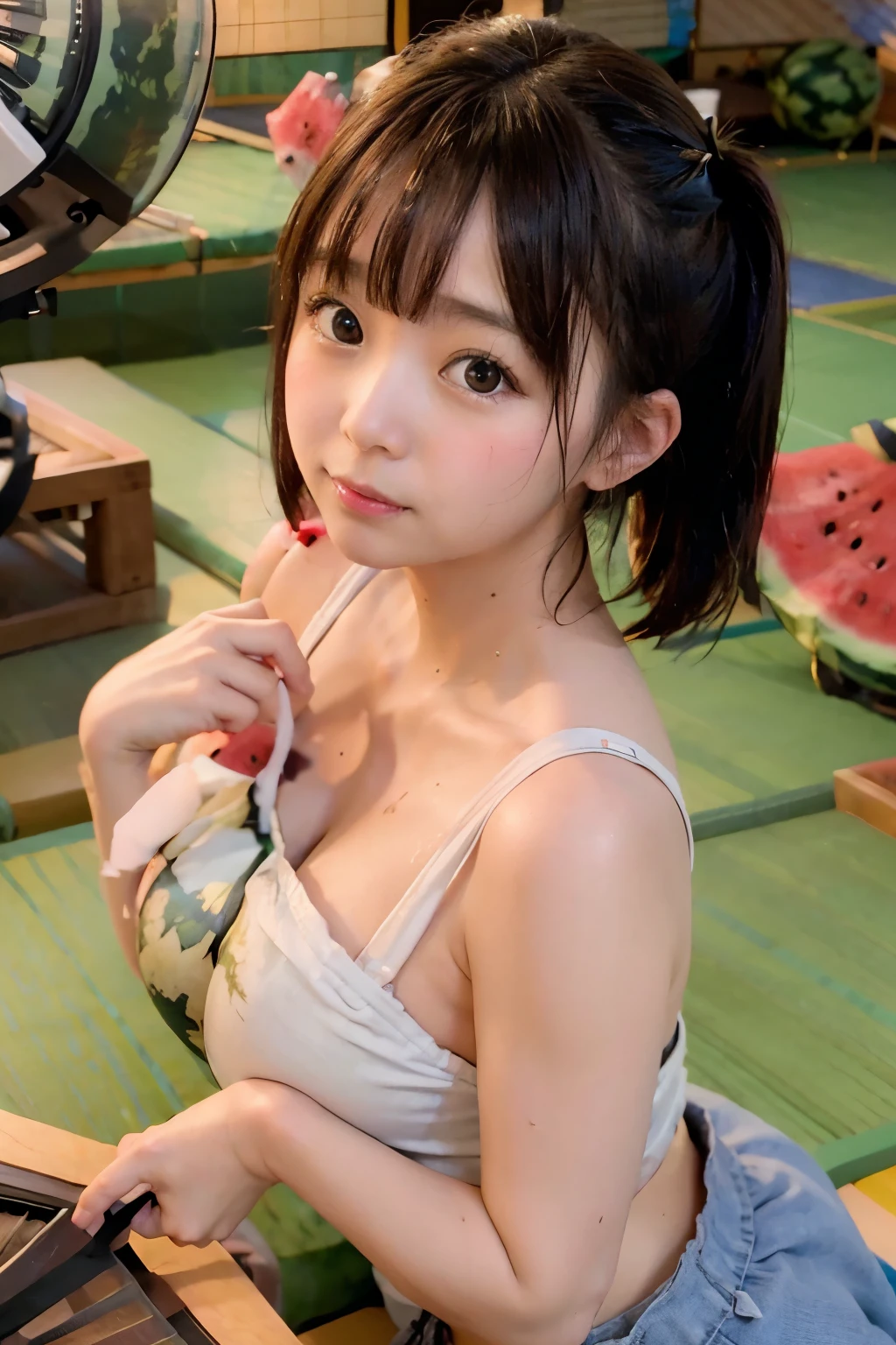 8K, RAW Photo, Best Quality, Masterpiece, Realistic, PhotoRealistic, Extremely Detailed 8K Wallpaper, Beautifully Detailed Eyes, Finely Detailed Face, 
 BREAK 
Professional Lighting, Rim Lighting, 
 BREAK 
1 Girl, fingersmile, ((Watermelon in Tatami Room with Electric Fan:1.6)), 
 BREAK 
5 Beautiful Thin Finger:1.6, Perfectly Anatomically Correct:1.2, 
 BREAK 
1 Girl, (Very Short Twin Tail Hair), Kawaii, Japanese, Wide-Set Eyes, Big Eyes, Almond-Shaped Eyes, Tareme, Double Eyelids, Eye Bags, White Skinned, Blush, Embarrassed, 17-Year-Old, 
Round Face, Chiseled Face, Round Chin, Thin Lips, Small Nose, Oval-shaped Face, 
Wet Hair, Messy Hair, Brown Hair, Open Mouse Slightly, [Pouted Cheek], Captivating Eye Reflections, 
Happy Smiling, 
(Wearing Thin White Camisole + Short Bermuda Pants), 
(Looking at Viewer:1.2), 
[Beautiful Spherical Shape Buttocks, Medium Buttocks Upturned, Upward Facing Small Breasts], 
 BREAK 
SFW:1.6, 
 BREAK 
from Side, (Long Shot:1.1, Ground-Level Shot:1.1), (Soft Saturation, Soft Contrast), Bokeh:1.0