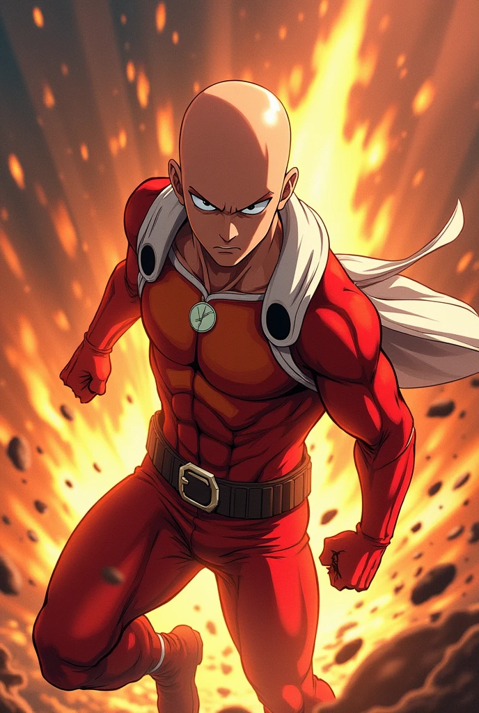 An epic scene from One Punch Man, featuring Saitama in mid-punch with dynamics, explosive background effects, rendered in a style inspired by Rossdraws and Stanley Artgerm Lau.