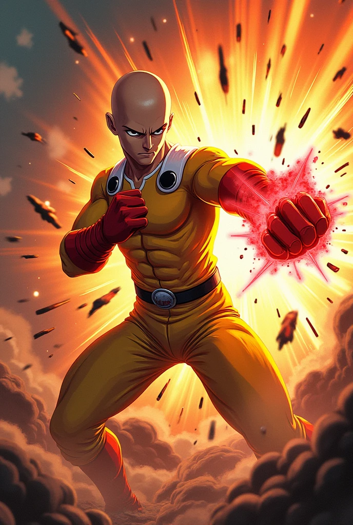An epic scene from One Punch Man, featuring Saitama in mid-punch with dynamics, explosive background effects, rendered in a style inspired by Rossdraws and Stanley Artgerm Lau.