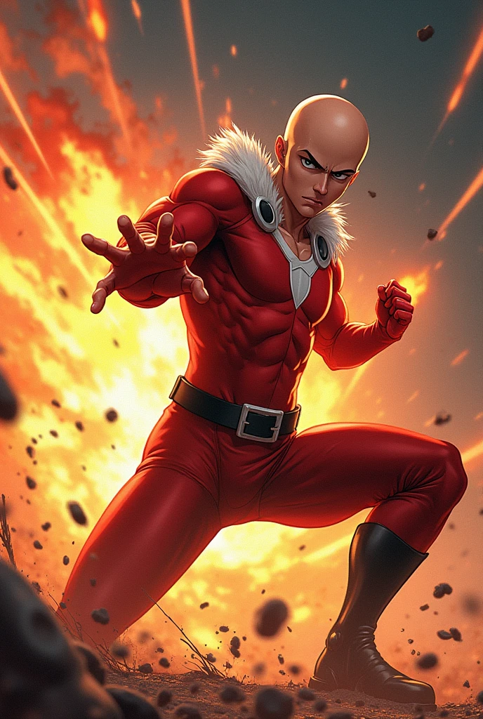 An epic scene from One Punch Man, featuring Saitama in mid-punch with dynamics, explosive background effects, rendered in a style inspired by Rossdraws and Stanley Artgerm Lau.