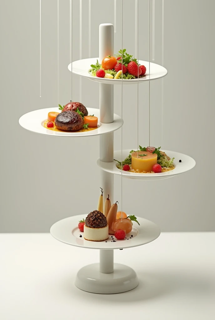 3 plates with food hanging by threads attached to a vertical tube with a base
