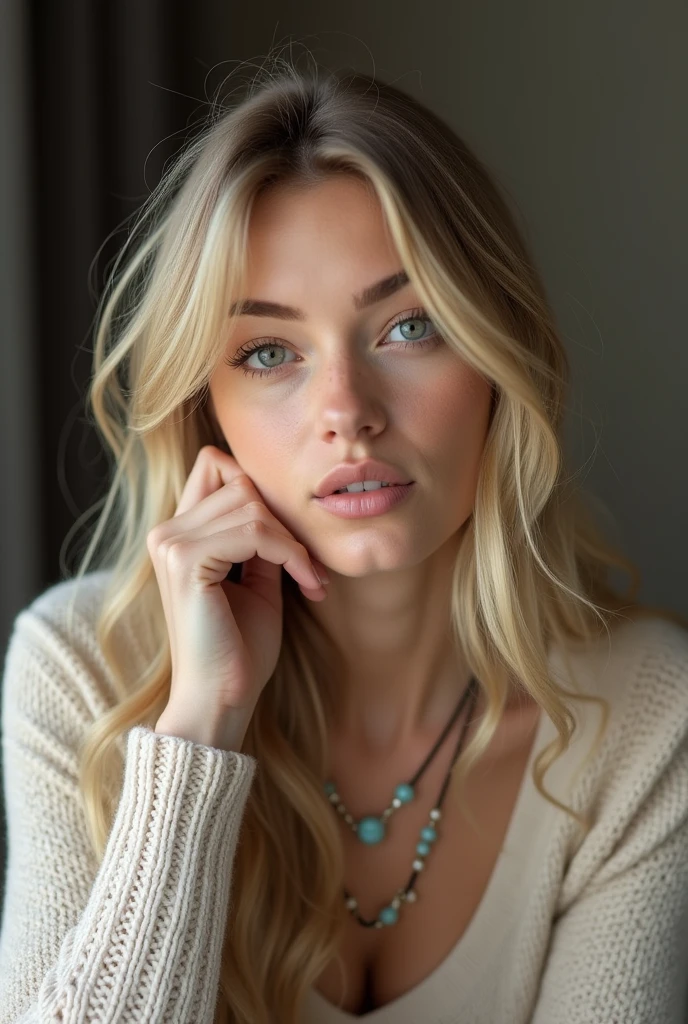 Gorgeous adult woman, Long neck, Long blonde hair, bangs, Perfect Eyes Eyes, Soft Light, high quality, 4K resolution, Casual clothing, Beaded Necklaces, knit cardigan, View your viewers, Place your left hand on your left cheek and think.