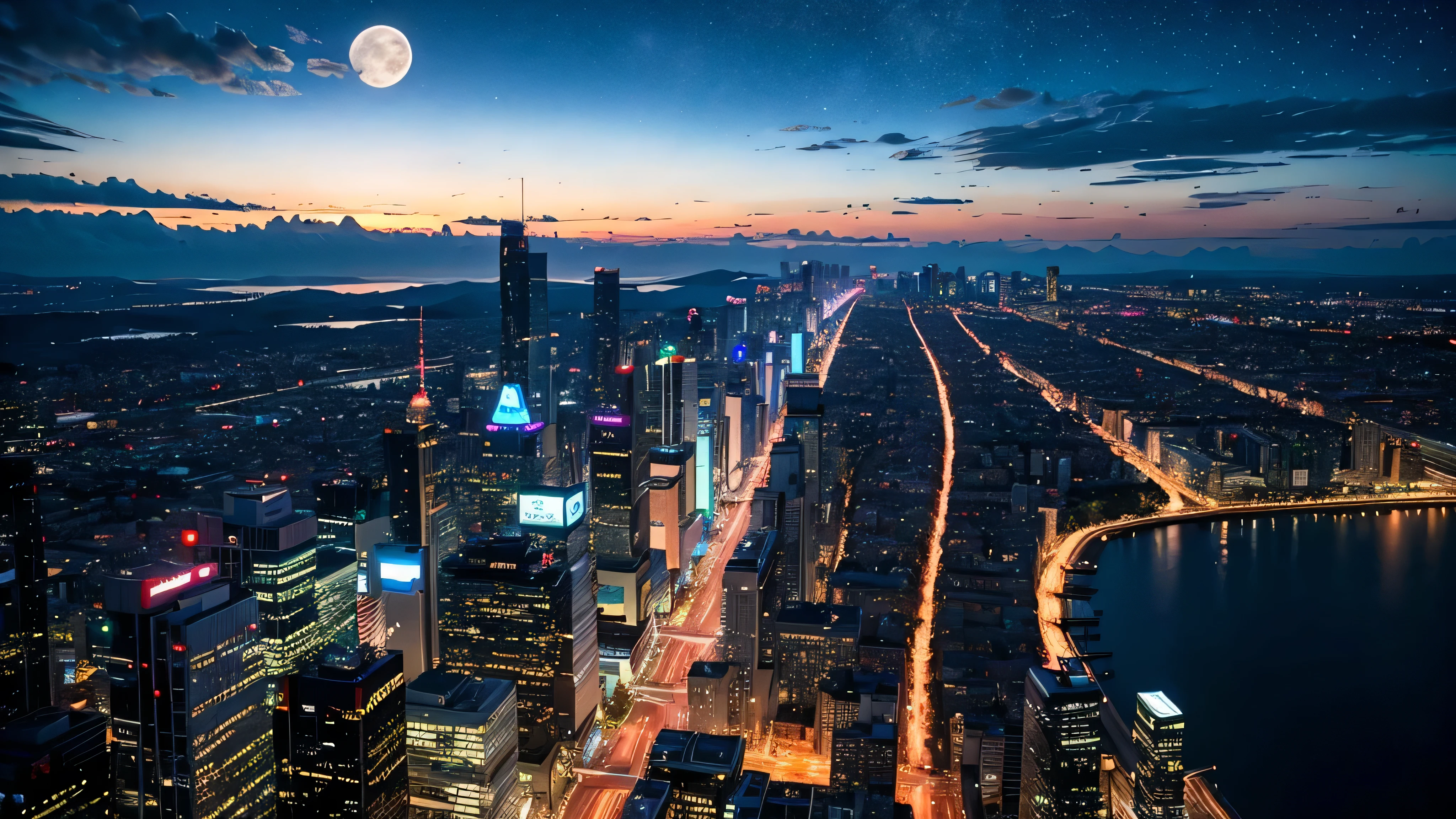 Wonderful landscape、Highest quality、Cityscape、Including sky、Starry Sky、night、Big Moon、Moonlit cityscape、building、There are no people,　Makoto Shinkai's Worldview, ８K quality, Neon glows, Breathtakingly beautiful scenery, 