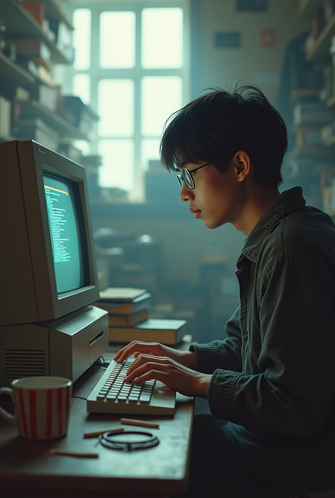 digital art, 25 year old student, Asian man, wearing glasses,in front of ibm pc 90s, there is a diskette on the table, a cup of coffee, cigarette, books, in a messy room, a bit shabby,light from the blurry window