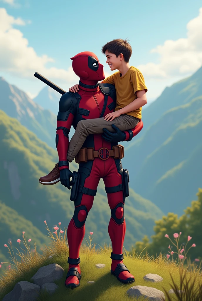 A cool Deadpool wallpaper in which Deadpool is carrying a smart and a bit tall 14 year old boy in his arms and they are happy and kind of sexy and Deadpool is trying kissing or touching nose and they are at heights full body and whether is clear realistic and they are happy and they are at a peak of a mountain full of grass 