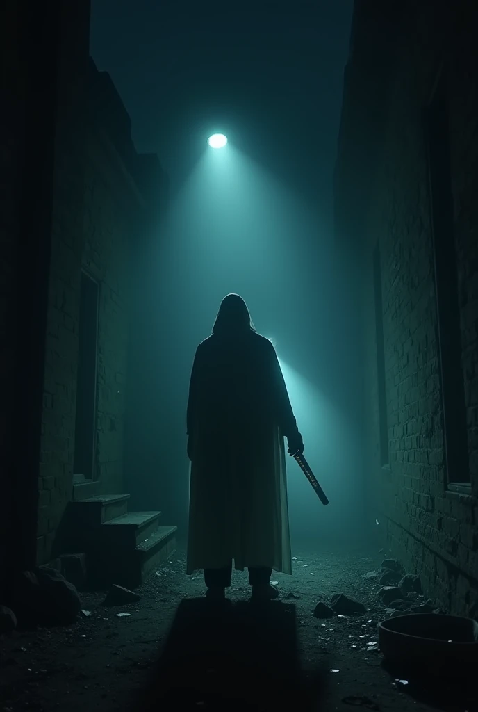 No lights late at night、Back view of a man holding a flashlight、Facing a deformed ghost、ruins、phantom、gloomy、Reality、Movie