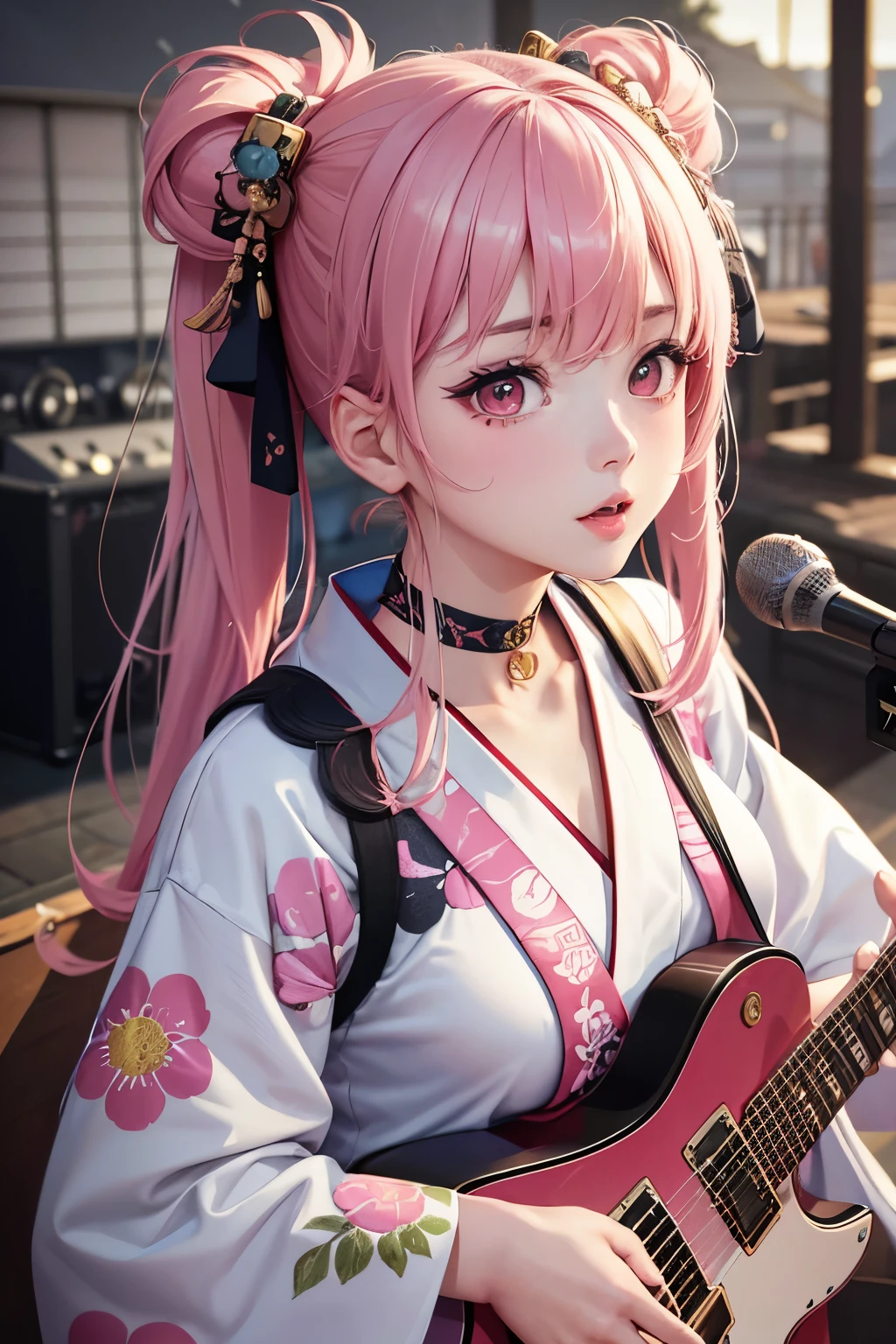 masterpiece, best quality, very detailed, high resolution, expensive resolution, high resolution, 4K, 8k, Unity 8k wallpaper, highly detailed CG, masterpiece, 2D, 3D, beautiful details, depth, fine texture, best quality: 1.3, perfect focus, crispy skin, he,
Very cute anime girl, girl playing guitar vocals in a band wearing a Japanese fancy floral haori hakama, on outdoor stage, full body, expensive pink twin tail hair, mole under eye, looking at the viewer, expensive, blush, mole, lips open, , heart choker, pink eyes, guitar vocals, stage