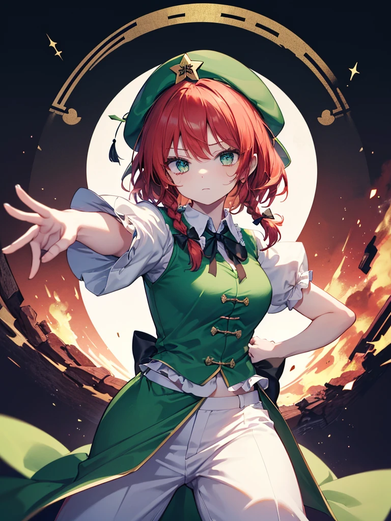 (soio) Green beret Brown boots Open leg sitting Green clothes big breasts Inside the atelier The tips of the hair are bouncing outward Orange short bob hair 17 year old girl Green and white alchemist's clothes Cute open-mouth smile Purple eyes a miniskirt Enchanted thighs Superior anatomy