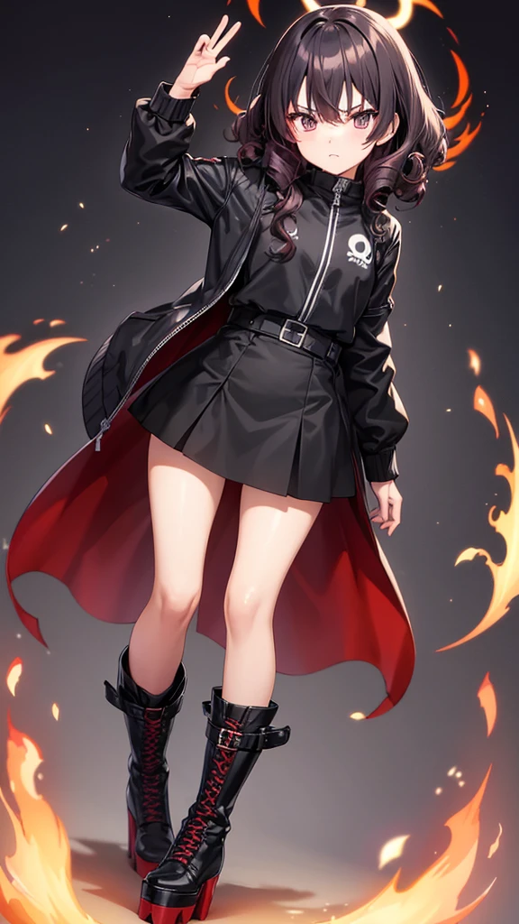 An anime girl who has fire in front of her face that forms a silhouette of the front of a skull, that he wears a black jacket, short black skirt, over the knee socks, High platform boots and dark accessories, guates rokeros, that has curly hair y pose provocativa sexy.