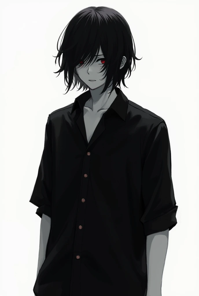 Black clothes, black hair, white skin, no face, emo
Boy