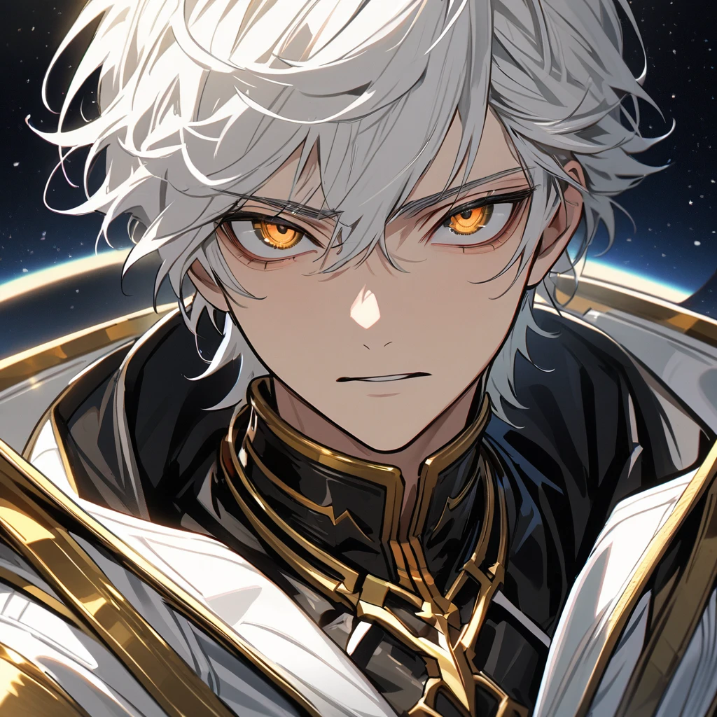 High quality, HD, 4k, no shadows, handsome male, 1male, 17 years old, teenager, short white hair, silver hair, white hair, sharp eyes, deep gold colored eyes, dark golden colored eyes, deep gold eyes, gold eyes, devil may cry, close up, calm expression, stoic expression, black leather clothes, white leather clothing, lean body, well trained body, upper body, looking at viewer, cowboy shot, white solar, space background