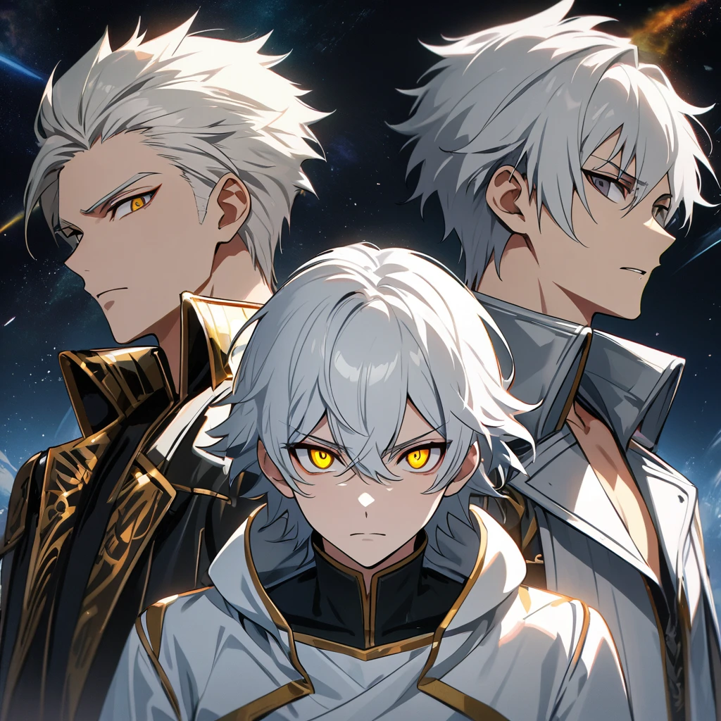 High quality, HD, 4k, no shadows, handsome male, 1male, 17 years old, teenager, short white hair, silver hair, white hair, sharp eyes, deep gold colored eyes, dark golden colored eyes, deep gold eyes, gold eyes, devil may cry, close up, calm expression, stoic expression, black leather clothes, white leather clothing, lean body, well trained body, upper body, looking at viewer, cowboy shot, white solar, space background