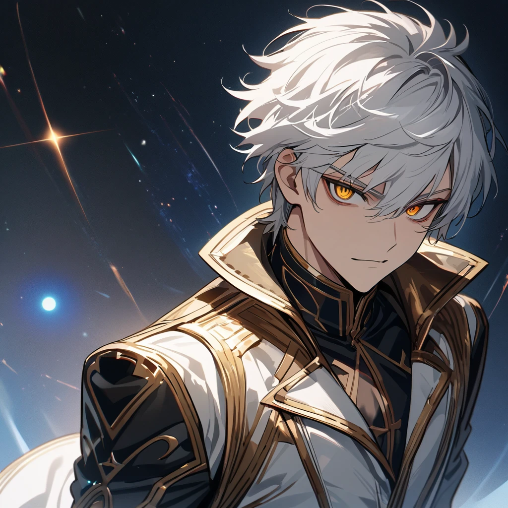 High quality, HD, 4k, no shadows, handsome male, 1male, , teenager, shwhite hair, silver hair, white hair, sharp eyes, deep gold colored eyes, dark golden colored eyes, deep gold eyes, gold eyes, devil may cry, close up, calm expression, stoic expression, black leather clothes, white leather clothing, lean body, well trained body, upper body, looking at viewer, cowboy shot, white solar, space background