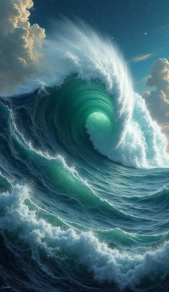 A painting of big wave crushing into the ocean, green sea, starry night, clouds.