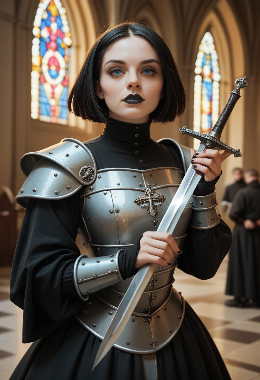black skin woman,blue eyes, classic black bob hair,black lipstick,wearing medieval armor,holding a sword,in old church