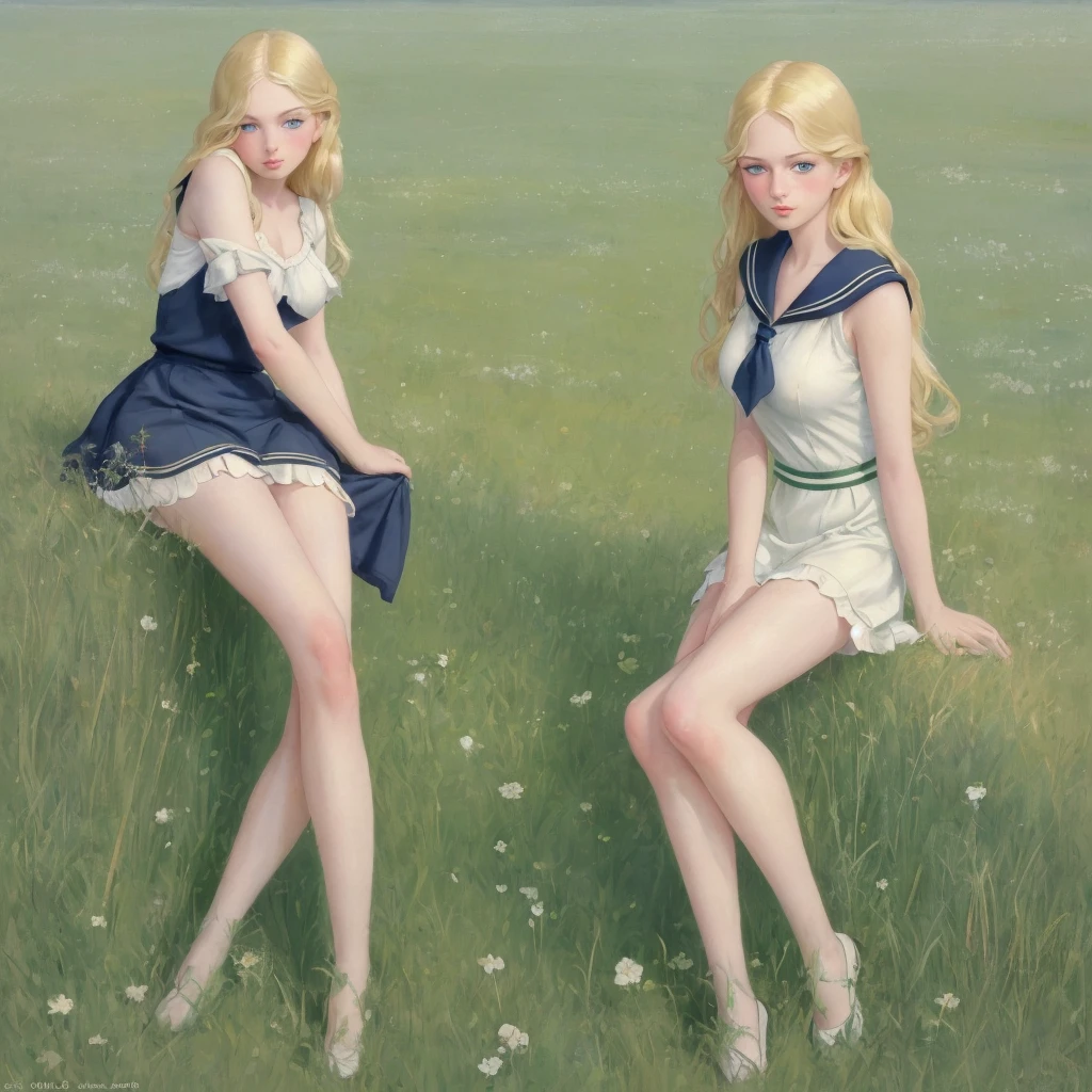 Many girls,group blonde, Green eyes, 1930s European style, high quality, full-body shot, 17 years old, Big breasts, long legs beauty legs, Sailor Suit, Short top and short skirt lying on the grassland, blue sky , delicate eyes, Delicate lips, Extremely detailed face, long eyelashes, elegant, beautiful, beauty, charming, Exquisite, Realism, 8k, best quality, masterpiece, Endless grassland，shy look