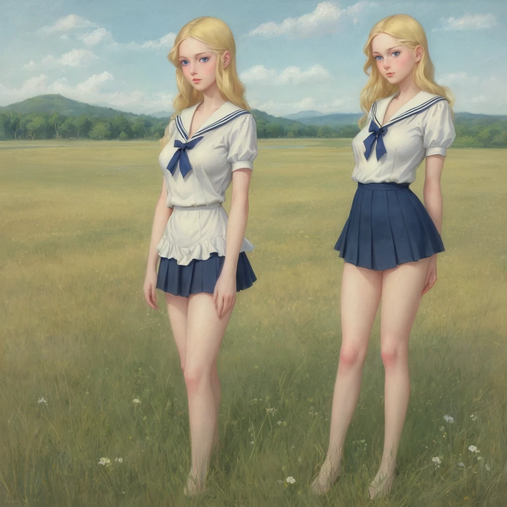 Many girls,Group long blonde hair, Green eyes, 1930s European style, high quality, full-body shot, 17 years old, Big breasts, long legs beauty legs, Sailor Suit, Short top and short skirt lying on the grassland, blue sky , delicate eyes, Delicate lips, Extremely detailed face, long eyelashes, elegant, beautiful, beauty, charming, Exquisite, Realism, 8k, best quality, masterpiece, Endless grassland，shy look 