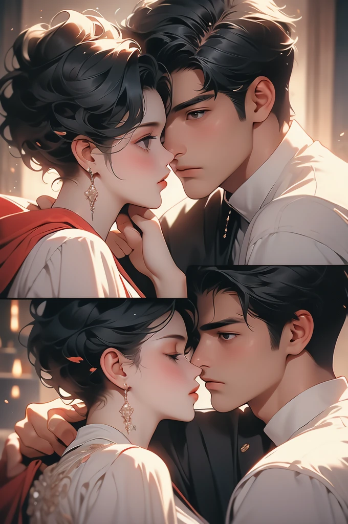 a man and woman are looking at each other while the woman puts her hand on man's face, black hair, 1boy, short hair, 1girl, kiss