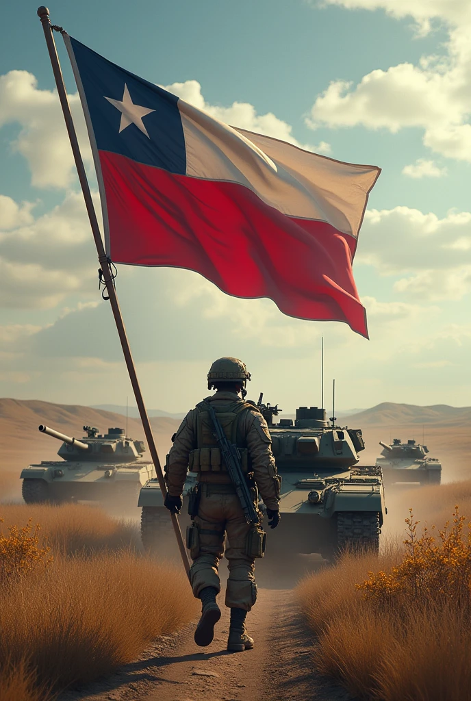Chilean soldier and tanks invading the United States, Burgundy cross flag 