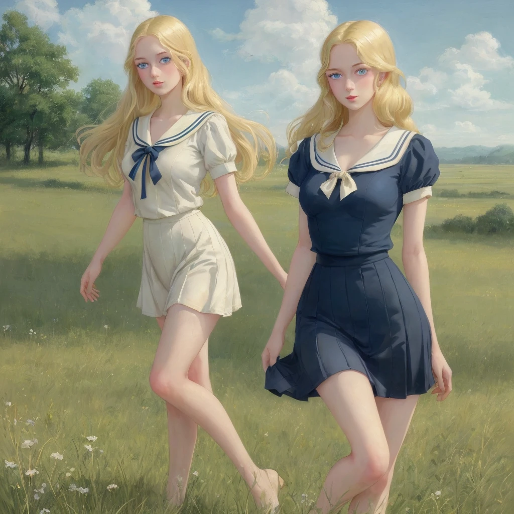 Many girls,Group long blonde hair, Green eyes, 1930s European style, high quality, full-body shot, , Big breasts, long legs beauty legs, Sailor Suit, Short top and short skirt lying on the grassland, blue sky , delicate eyes, Delicate lips, Extremely detailed face, long eyelashes, elegant, beautiful, beauty, charming, Exquisite, Realism, 8k, best quality, masterpiece, Endless grassland,shy look