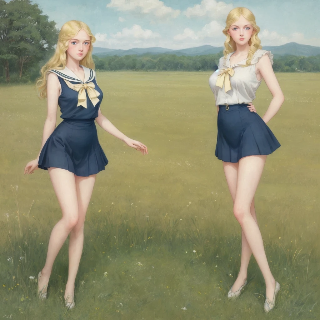 5 girls,group blonde, Green eyes, 1930s European style, high quality, full-body shot, , Big breasts, beauty的腿, Sailor Suit, Shoulderless blouse and short skirt posing while lying on the grassland, blue sky , delicate eyes, Delicate lips, Extremely detailed face, long eyelashes, Elegant, beautiful, beauty, charming, Exquisite, Realism, 8k, best quality, masterpiece, Endless grassland,shy look