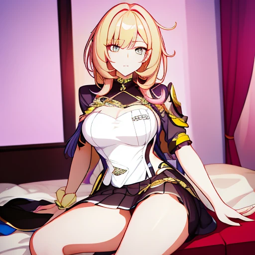 a beautiful girl, with medium breasts and pronounced hips, with long, loose yellow-blond hair, with gray eyes. He wears a tight black college uniform.. She is sitting on a bed, looking with a little annoyance at the viewer.