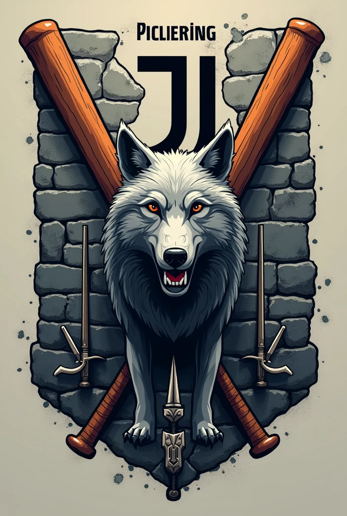I want to create a logo , of the wolf of house Stark , a wooden baseball bat broken into two pieces on the ground , in the back a path of swords  , and a stone wall with the J of the Juventus football team in large letters