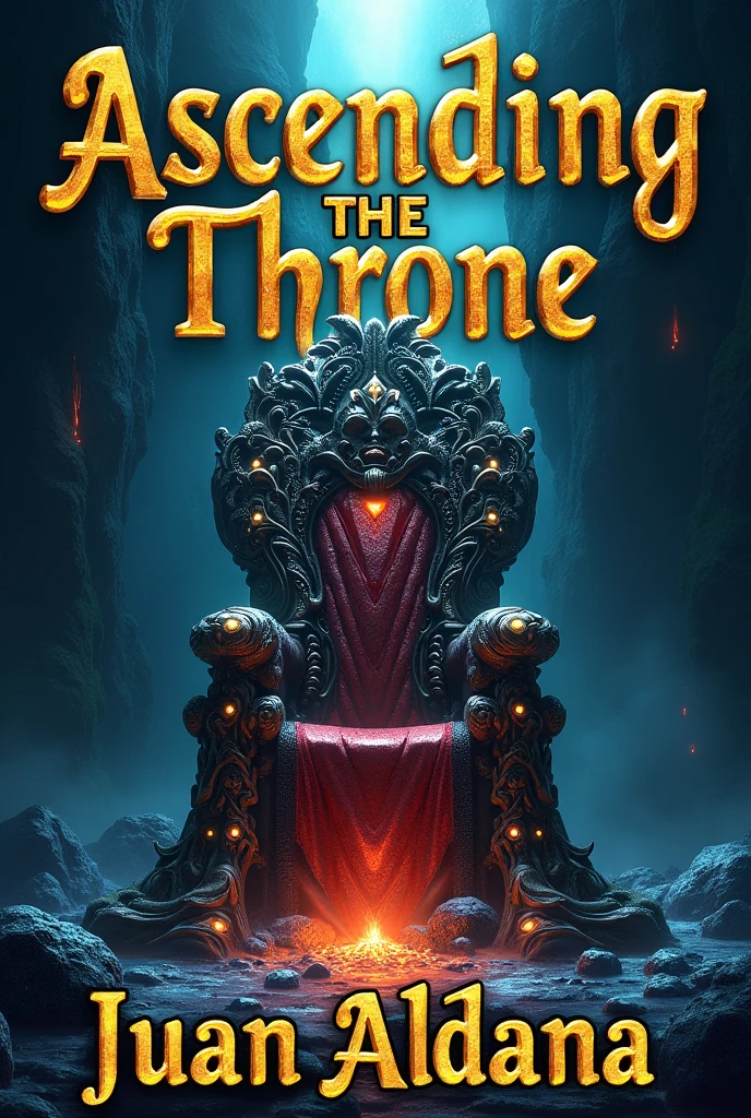 The cover of a book.
At the top center you will find the title of the book that will be: Ascending the Throne. Written in golden letters In the center of the cover a Throne made of volcanic rock and precious stones.
Below the cover in the center will be the title of the author who is: Juan Aldana. Written in the same golden letters.