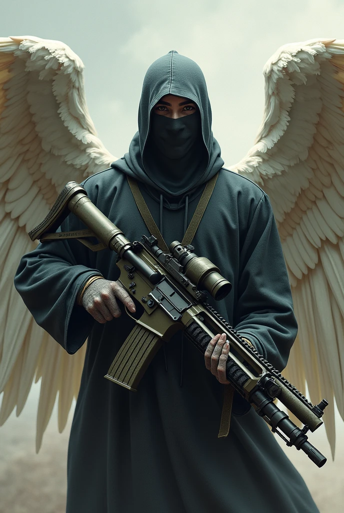 An angel with a balaclava on his face and a machine gun in his hand