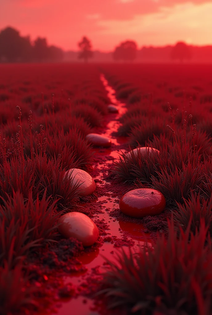 a red field covered in blood and its grass is human organs scattered across the grass
