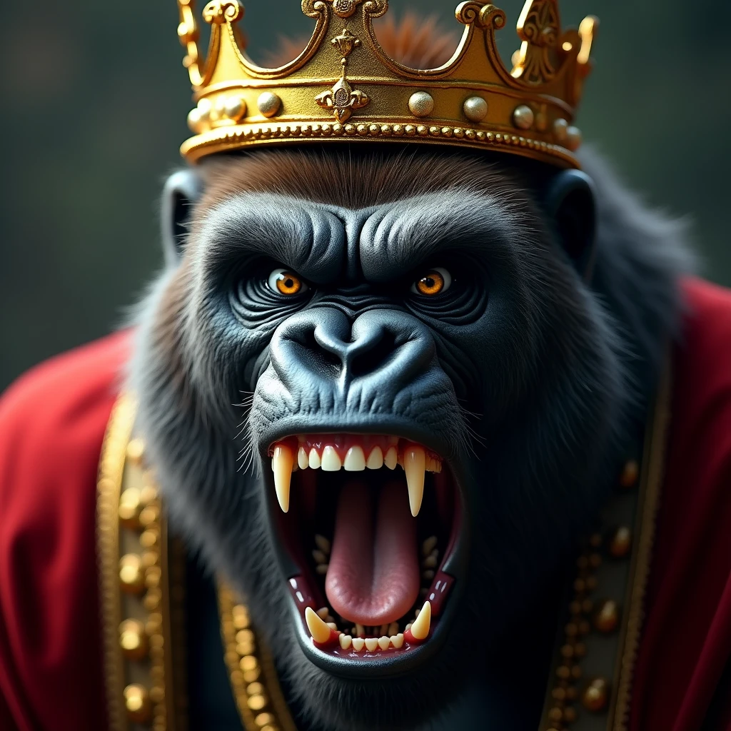 "A hyper-realistic close-up image of a massive gorilla's face, dressed in royal attire with a golden crown. The gorilla's eyes are wide open with intense anger, and its mouth is open in a furious roar, showing sharp teeth. The background is blurred to focus on the gorilla's enraged and intimidating expression."