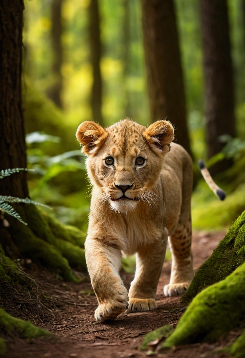 The little lion walking in the forest