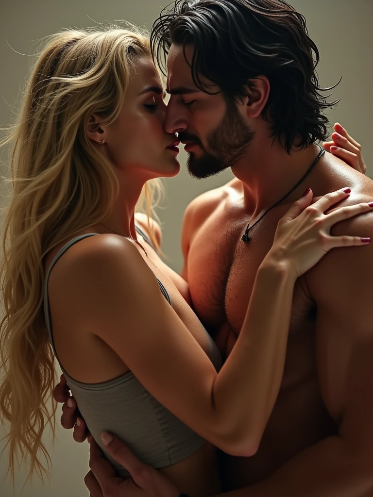 It makes a busty skinny American blonde woman with an outfit showing her  and she is kissing on the mouth of a very athletic man 