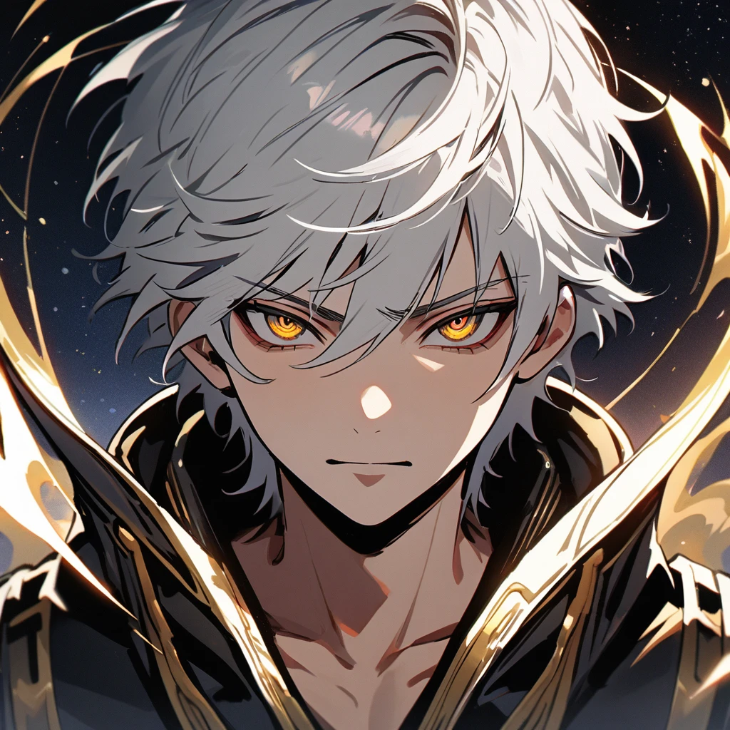 High quality, HD, 4k, no shadows, handsome male, 1male, , teenager, she hair, silver hair, white hair, sharp eyes, deep gold colored eyes, dark golden colored eyes, deep gold eyes, gold eyes, devil may cry, close up, calm expression, stoic expression, black leather clothes, white leather clothing, lean body, well trained body, upper body, looking at viewer, cowboy shot, white solar, space background