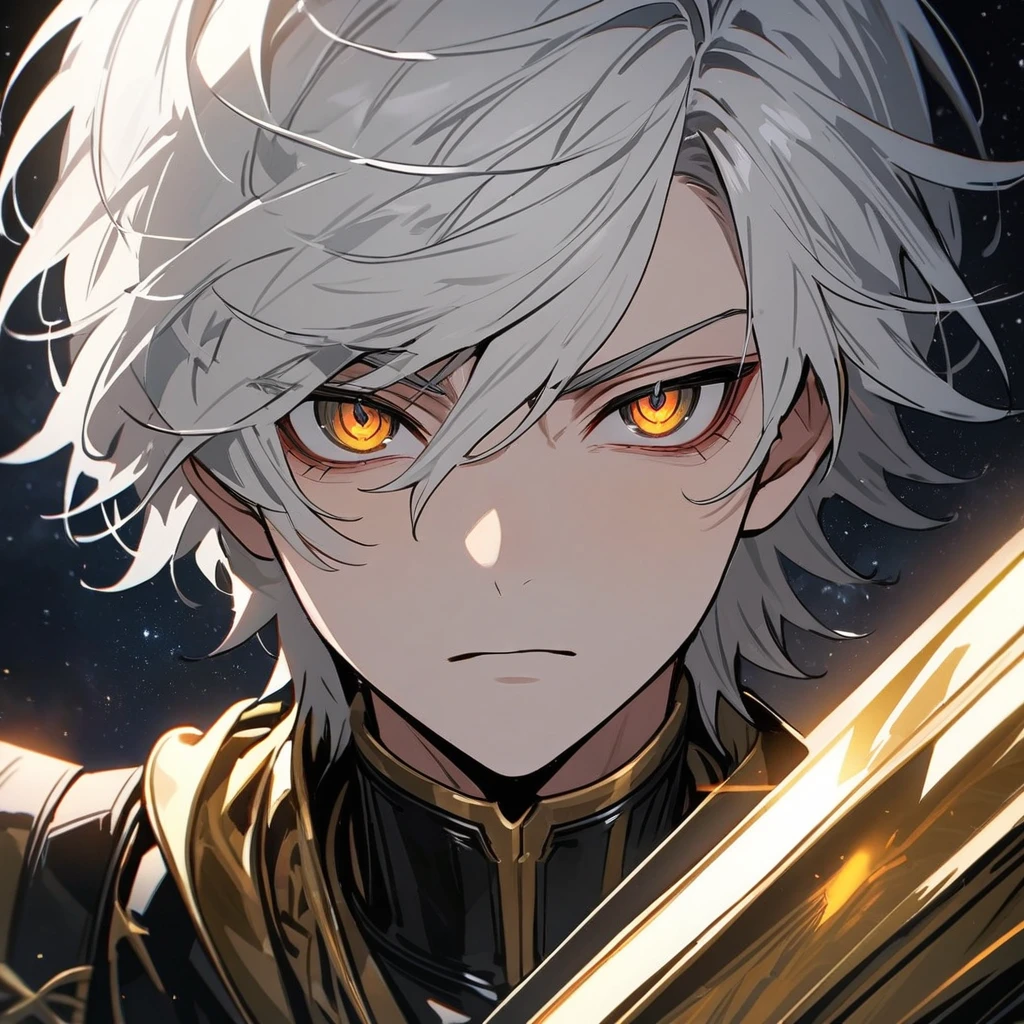 High quality, HD, 4k, no shadows, handsome male, 1male, 17 years old, teenager, short white hair, silver hair, white hair, sharp eyes, deep gold colored eyes, dark golden colored eyes, deep gold eyes, gold eyes, devil may cry, close up, calm expression, stoic expression, black leather clothes, white leather clothing, lean body, well trained body, upper body, looking at viewer, cowboy shot, white solar, space background