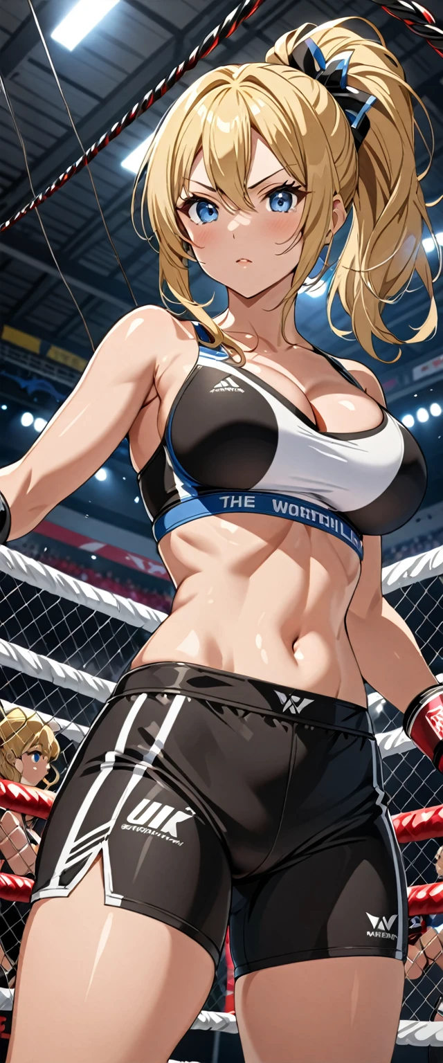 ((masterpiece)), ((high quality)), ((super detailed)), ((high resolution)) ,((8k)), a beautiful woman, ((She is one of the most famous female Gravure idol in the world.)), unparalleled beauty, ((huge breast)), ((large ass)), ((deep cleavage)), slim waist, chest out, ultra detailed face, perfect skin, (((Half-up hairstyle, Blonde Ponytail hair))), blue eyes,  detailed eyes, whole body image, (((anime))), ((glamorous)), 22 years old, ((incredibly beautiful woman)), ((The H cup bust)),  (((Sports Bra, Sports shorts))),  ((beautiful breasts)), beautiful legs, 8 life size, anime, the most beautiful and strongest, ((charm)), ((Half Japanese and half British)), ((Grown-up face)), ((Open Finger Gloves, Five fingers)),  (((Women's mixed martial arts,  A fighting arena surrounded by wire mesh))), ((shoot from below))