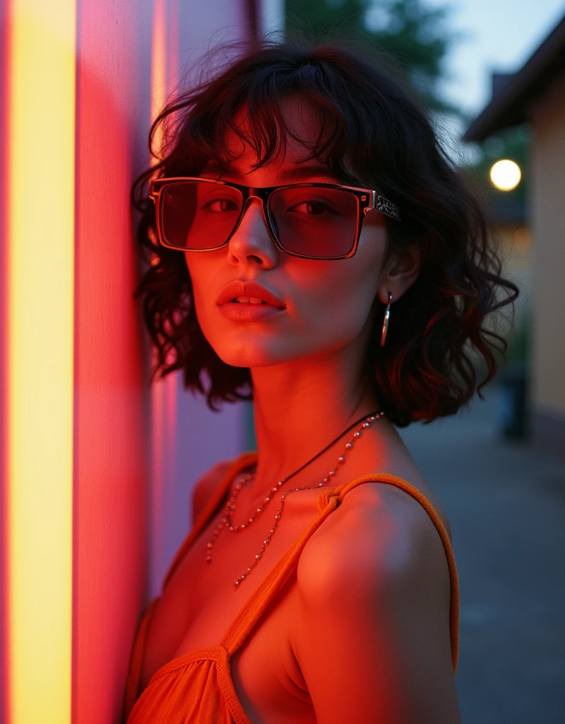 Editorial fashion: Vogue. ElectricPulse: Vibrant youth, framed in contrast. PopLight: Flash’s energy captures playful spirit. ColorMotion: Dynamic hues in casual rebellion. UrbanBeat: Street style meets spirited expression. FlashColor: Illuminate attitude with bold light. Film Stock: Kodak Ektar 100.