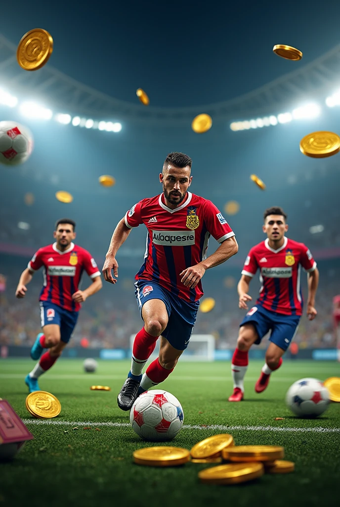 (photorealism:1.2), Title at the top that says Alajuelense vs. Perez Zeledon, then a text box that says "sports betting, Corner kicks, +5 Asian", decorated with soccer balls, playing field, coins, tickets, below a box that says Luca's Picks